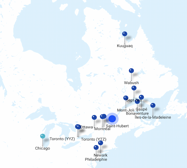 Map of airports with direct connections to Québec City (YQB)